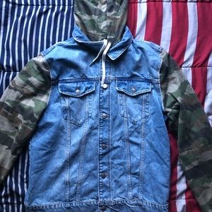 Denim jacket with army fatigue hoodie and sleeves